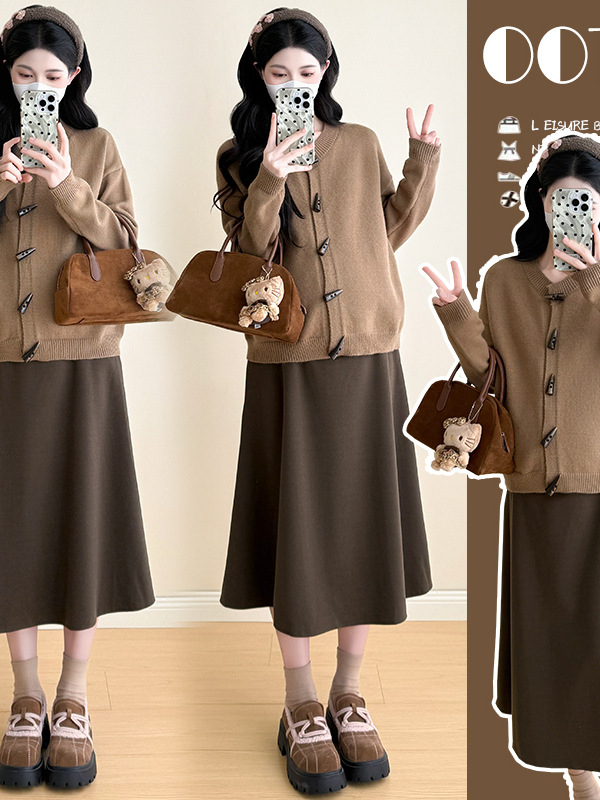 Tehotenský kostým s midi sukňou, dlhé rukávy, pletený materiál z polyesteru a bavlny (50–70% polyester, do 30% bavlny), jeseň 2025, japonsko-kórejský voľný štýl