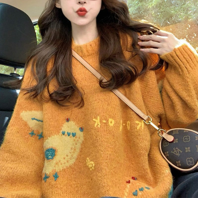 Kapuljačasti široki pulover od poliestera s uzorkom anime crtića, korejski casual stil