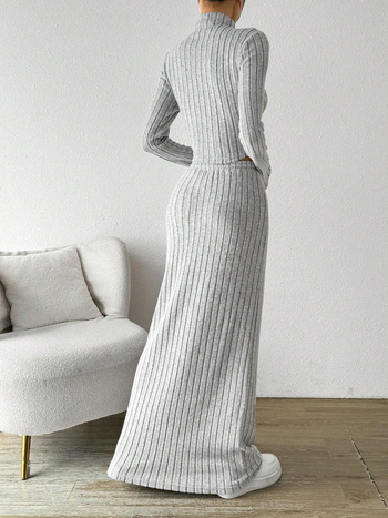 Costum din două piese, fustă tricotată, mâneci lungi, amestec poliester-elastan, cusături în colaj, stil japonez-coreean pentru timpul liber