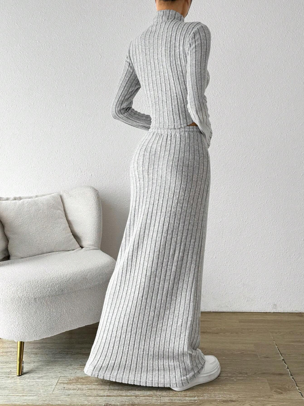 Costum din două piese, fustă tricotată, mâneci lungi, amestec poliester-elastan, cusături în colaj, stil japonez-coreean pentru timpul liber