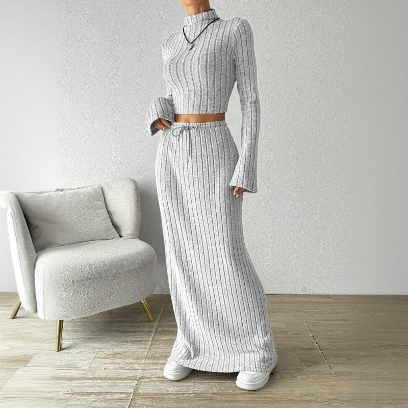 Costum din două piese, fustă tricotată, mâneci lungi, amestec poliester-elastan, cusături în colaj, stil japonez-coreean pentru timpul liber