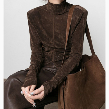 Ženski T-shirt od pamukasto-mješovite tkanine s poluvisokim ovratnikom, dugim rukavima, širokim krojem, detalji kolaž/šivanje