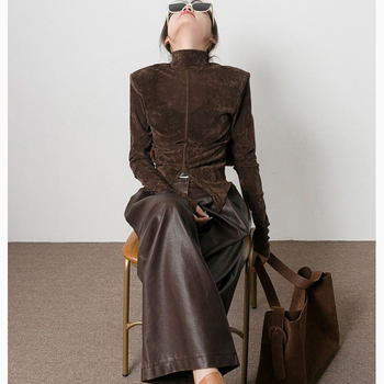 Ženski T-shirt od pamukasto-mješovite tkanine s poluvisokim ovratnikom, dugim rukavima, širokim krojem, detalji kolaž/šivanje