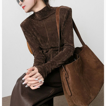 Ženski T-shirt od pamukasto-mješovite tkanine s poluvisokim ovratnikom, dugim rukavima, širokim krojem, detalji kolaž/šivanje