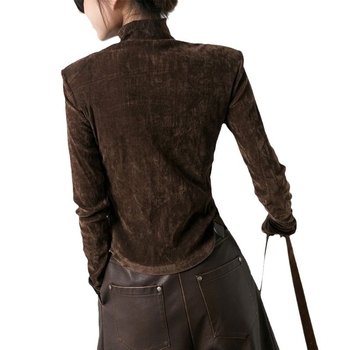 Ženski T-shirt od pamukasto-mješovite tkanine s poluvisokim ovratnikom, dugim rukavima, širokim krojem, detalji kolaž/šivanje