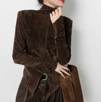 Ženski T-shirt od pamukasto-mješovite tkanine s poluvisokim ovratnikom, dugim rukavima, širokim krojem, detalji kolaž/šivanje