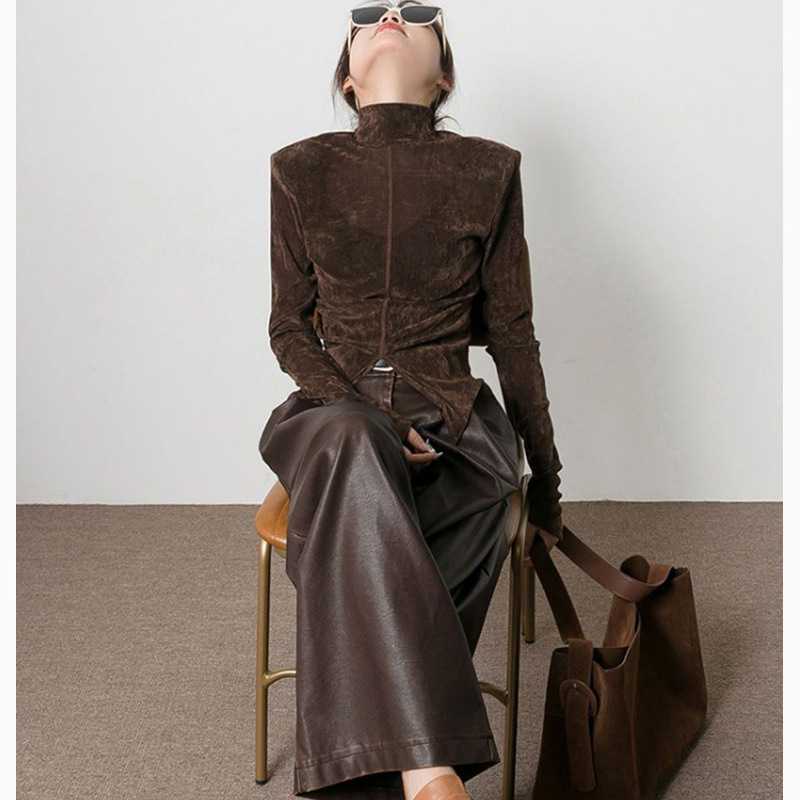 Ženski T-shirt od pamukasto-mješovite tkanine s poluvisokim ovratnikom, dugim rukavima, širokim krojem, detalji kolaž/šivanje