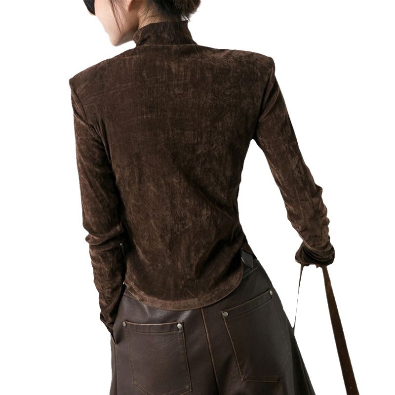 Ženski T-shirt od pamukasto-mješovite tkanine s poluvisokim ovratnikom, dugim rukavima, širokim krojem, detalji kolaž/šivanje