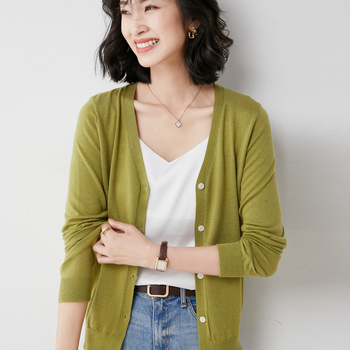 Cardigan od worsted vune s V-izrezom, tanak, labav kroj, dugi rukavi