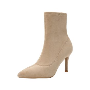 Térd fölötti velúr csizmák, hegyes orral, vékony magas sarkú 6–8 cm, szőrme belső bélés, Pull-On