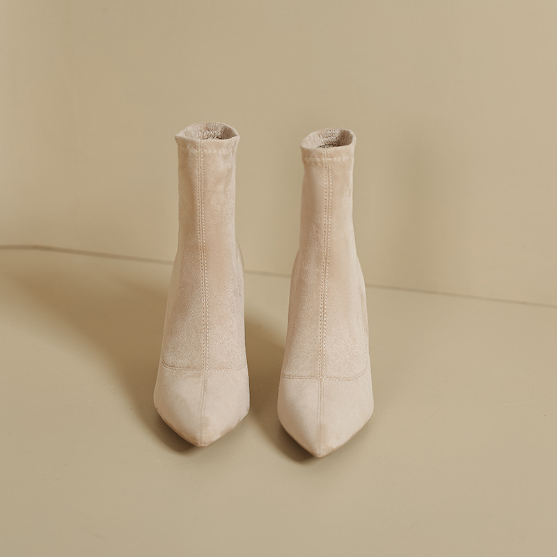 Térd fölötti velúr csizmák, hegyes orral, vékony magas sarkú 6–8 cm, szőrme belső bélés, Pull-On