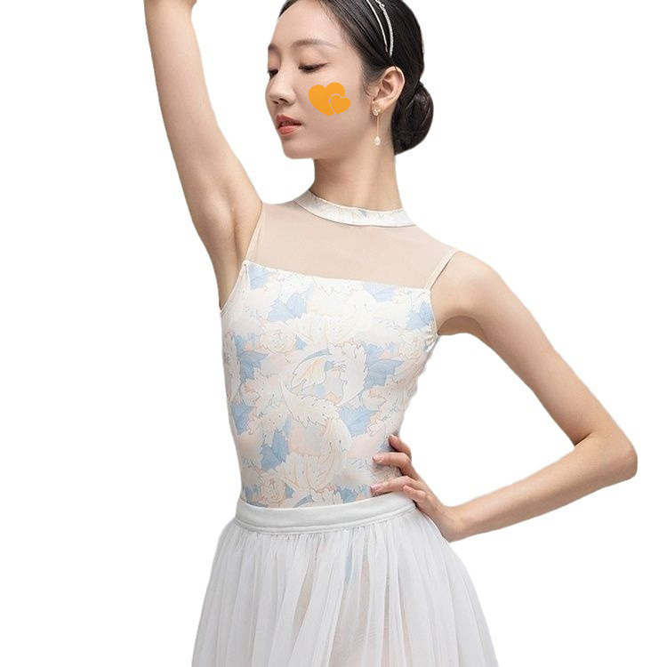 Безръкав балетен боди с принт за възрастни жени – едночастово танцово облекло за тренировка, полиестер, подплата от млечна коприна