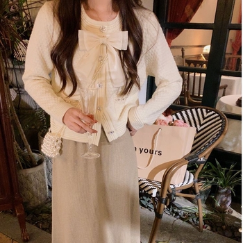 Γυναικείος πλεκτός καρντάγκαν με φιόγκο, ανοιχτός μπροστά, παχύ πλέξιμο, στρογγυλός λαιμός, μακριές μανίκες