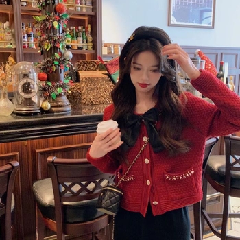 Γυναικείος πλεκτός καρντάγκαν με φιόγκο, ανοιχτός μπροστά, παχύ πλέξιμο, στρογγυλός λαιμός, μακριές μανίκες