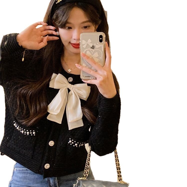 Γυναικείος πλεκτός καρντάγκαν με φιόγκο, ανοιχτός μπροστά, παχύ πλέξιμο, στρογγυλός λαιμός, μακριές μανίκες