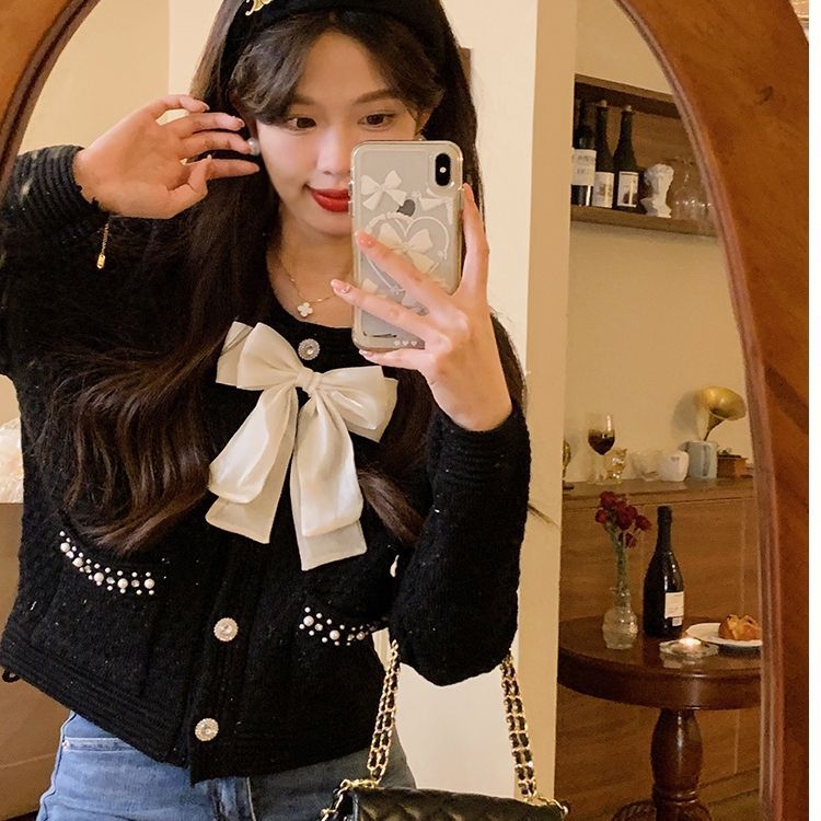 Γυναικείος πλεκτός καρντάγκαν με φιόγκο, ανοιχτός μπροστά, παχύ πλέξιμο, στρογγυλός λαιμός, μακριές μανίκες