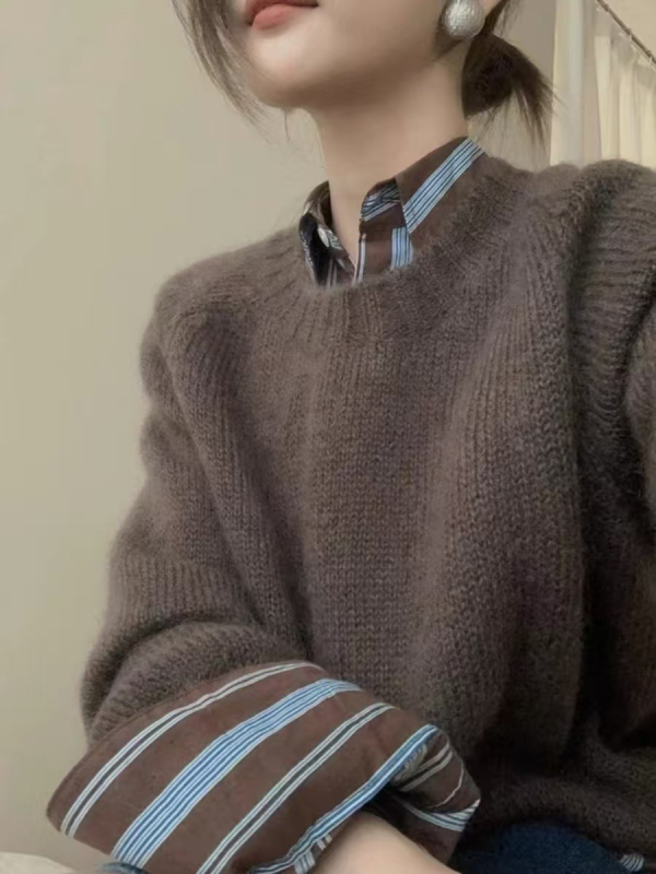 Dámsky hrubý vlnený sveter s okrúhlym výstrihom, rukávy v štýle princeznej, voľný strih, bežná dĺžka, retro štýl