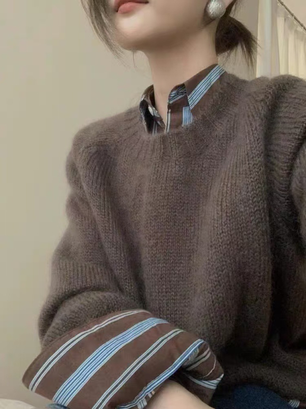 Dámsky hrubý vlnený sveter s okrúhlym výstrihom, rukávy v štýle princeznej, voľný strih, bežná dĺžka, retro štýl