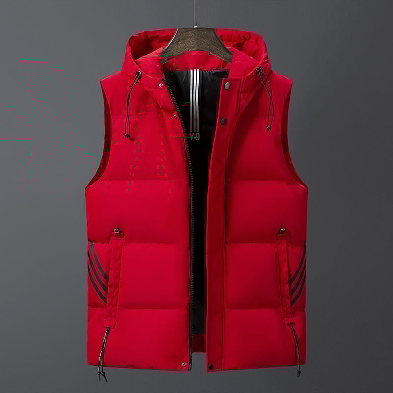 Ανδρικό γιλέκο με κουκούλα, παχύτερο ύφασμα πολυεστέρα, γέμισμα πολυεστερικών ινών, τσέπες με φερμουάρ, κανονικό μήκος
