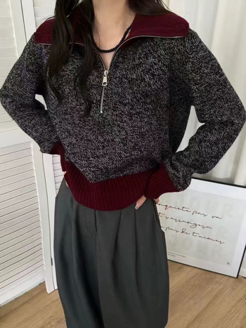 Dámsky vlnený sveter, 95% vlna, dlhé rukávy, Turn-down golier, patchwork pletenie