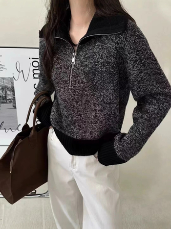 Dámsky vlnený sveter, 95% vlna, dlhé rukávy, Turn-down golier, patchwork pletenie