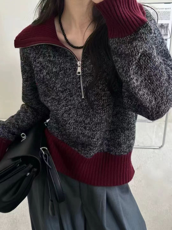 Dámsky vlnený sveter, 95% vlna, dlhé rukávy, Turn-down golier, patchwork pletenie