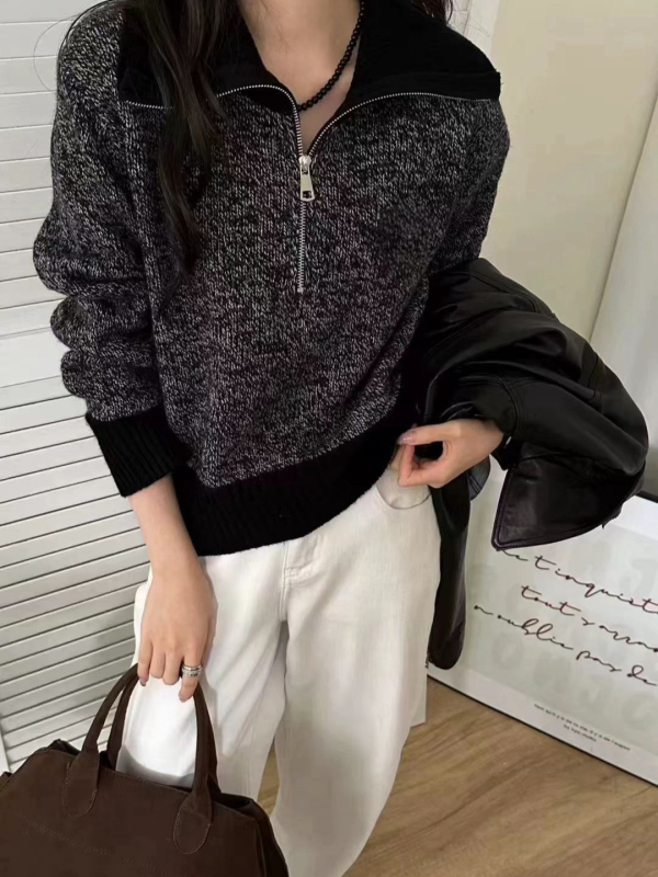 Dámsky vlnený sveter, 95% vlna, dlhé rukávy, Turn-down golier, patchwork pletenie