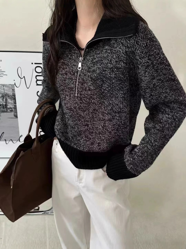 Dámsky vlnený sveter, 95% vlna, dlhé rukávy, Turn-down golier, patchwork pletenie