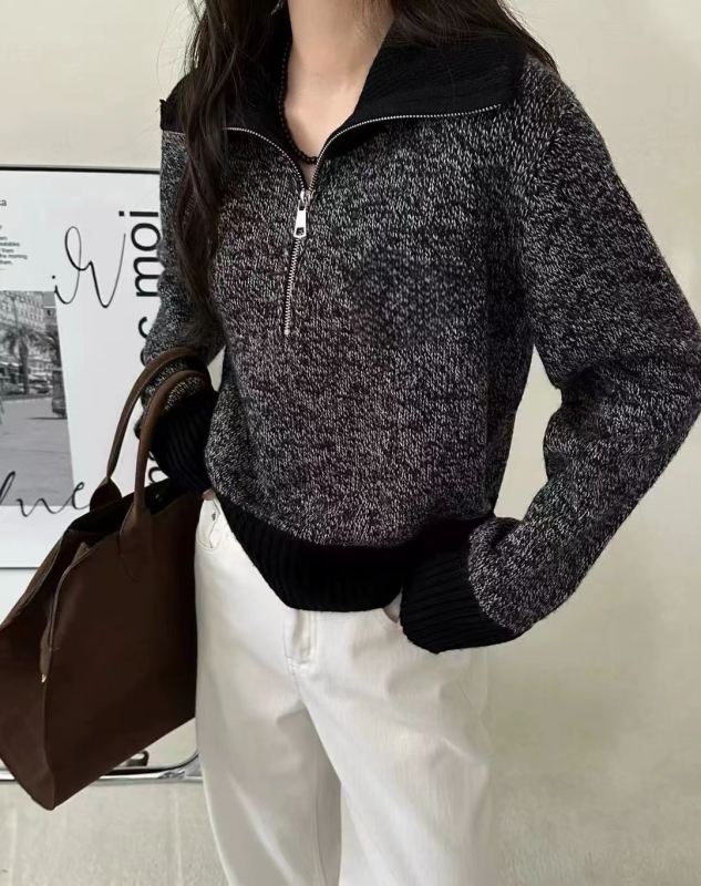 Dámsky vlnený sveter, 95% vlna, dlhé rukávy, Turn-down golier, patchwork pletenie