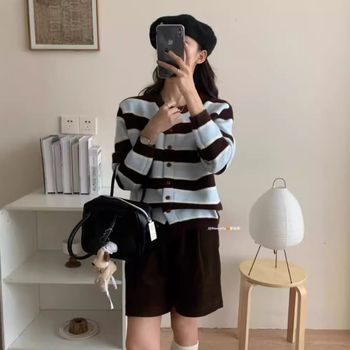 Cardigan od akrila, gusto pleten, opušten kroj, okrugli ovratnik, dugi rukavi, prugasti korejski stil