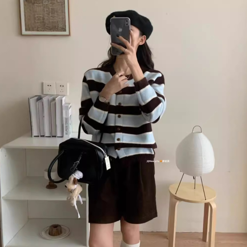 Cardigan od akrila, gusto pleten, opušten kroj, okrugli ovratnik, dugi rukavi, prugasti korejski stil