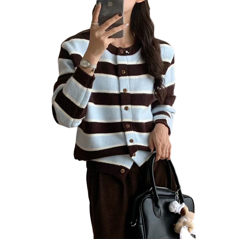 Cardigan od akrila, gusto pleten, opušten kroj, okrugli ovratnik, dugi rukavi, prugasti korejski stil