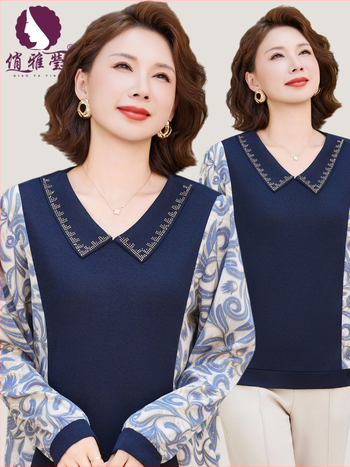 Dámsky top s golierom, kvetinový patchwork, dlhé rukávy, polyester