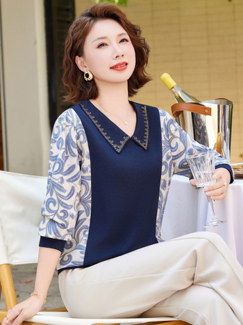 Dámsky top s golierom, kvetinový patchwork, dlhé rukávy, polyester