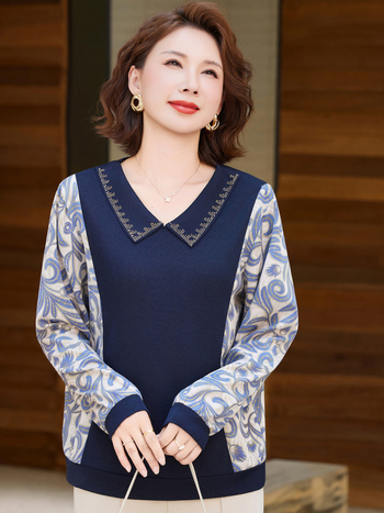 Dámsky top s golierom, kvetinový patchwork, dlhé rukávy, polyester