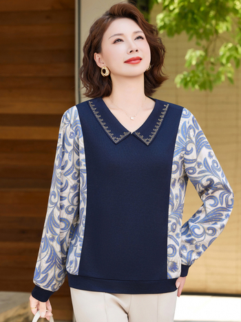 Dámsky top s golierom, kvetinový patchwork, dlhé rukávy, polyester