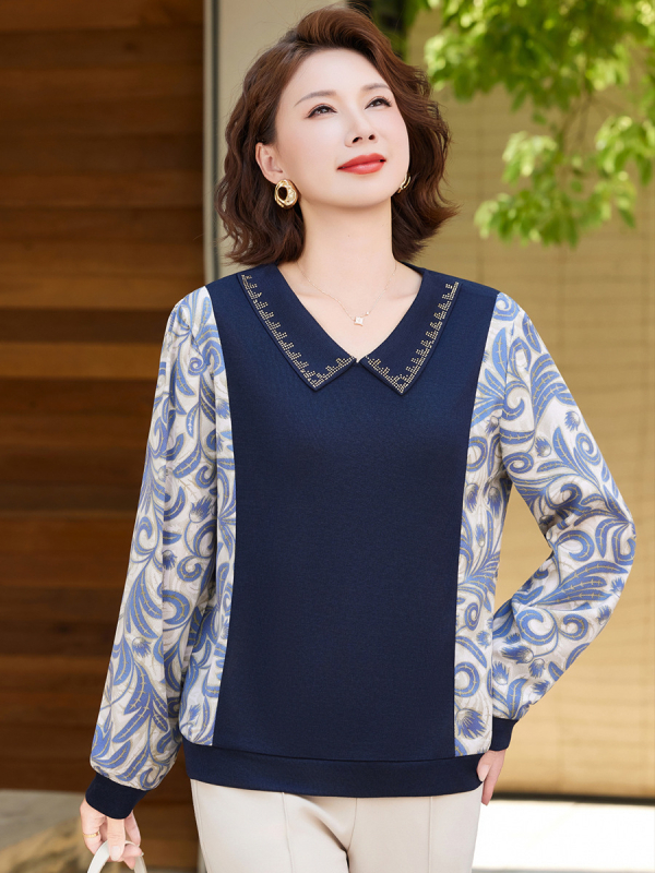 Dámsky top s golierom, kvetinový patchwork, dlhé rukávy, polyester