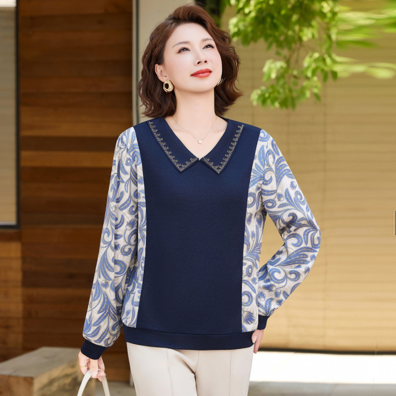 Dámsky top s golierom, kvetinový patchwork, dlhé rukávy, polyester