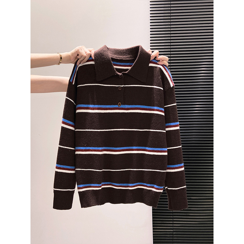 Ženski pleteni džemper s polo ovratnikom, prugasti color-block uzorak, labav kroj, dugi rukavi