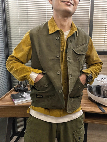 Puuvillane töövest nuppude kaunistusega, jaapani retro kardigan-stiili disain, vaba lõige, kaelata, ühe nupu sulgemine