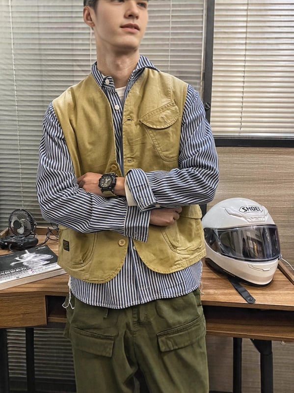 Puuvillane töövest nuppude kaunistusega, jaapani retro kardigan-stiili disain, vaba lõige, kaelata, ühe nupu sulgemine