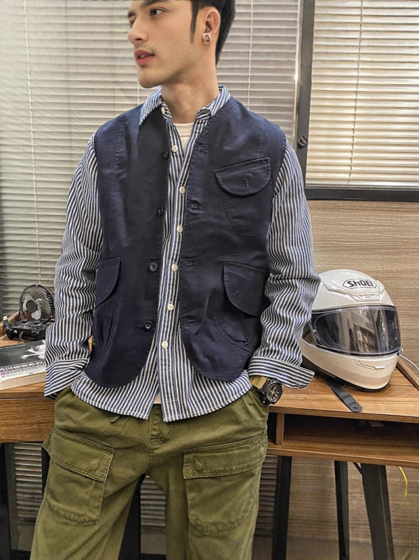 Puuvillane töövest nuppude kaunistusega, jaapani retro kardigan-stiili disain, vaba lõige, kaelata, ühe nupu sulgemine