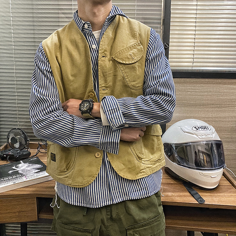 Puuvillane töövest nuppude kaunistusega, jaapani retro kardigan-stiili disain, vaba lõige, kaelata, ühe nupu sulgemine