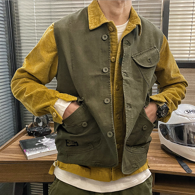 Puuvillane töövest nuppude kaunistusega, jaapani retro kardigan-stiili disain, vaba lõige, kaelata, ühe nupu sulgemine