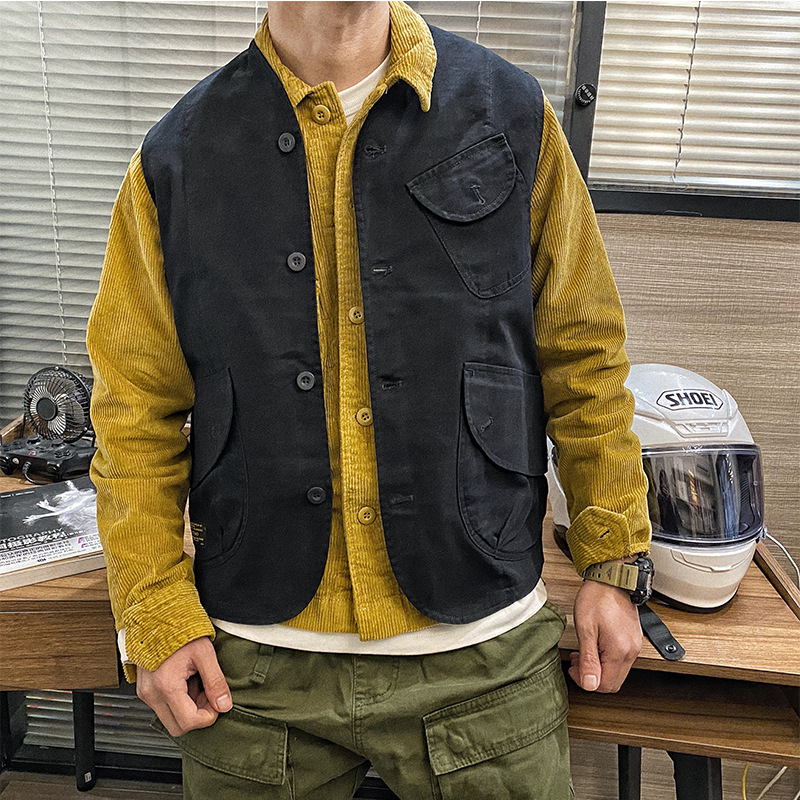 Puuvillane töövest nuppude kaunistusega, jaapani retro kardigan-stiili disain, vaba lõige, kaelata, ühe nupu sulgemine