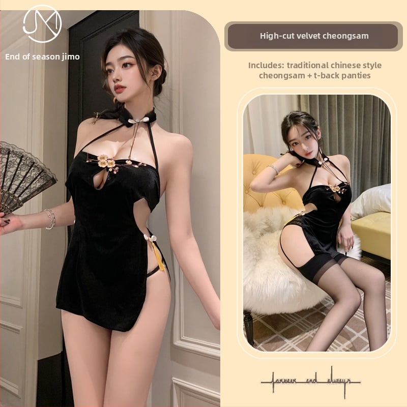 Qipao s izvezenim cvijetom šljive, visok razrez, kaiševi, poliester (90–95%)