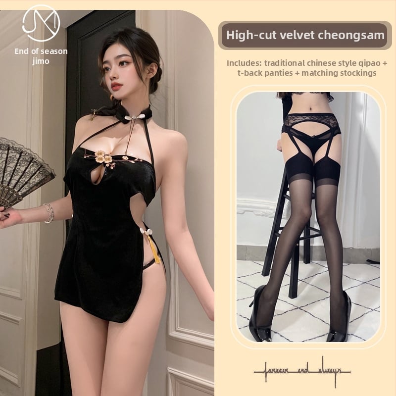Qipao s izvezenim cvijetom šljive, visok razrez, kaiševi, poliester (90–95%)