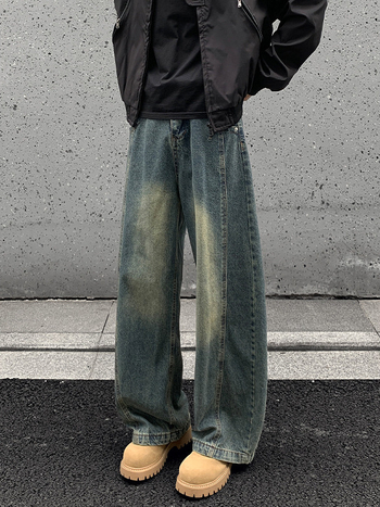 Τζιν από βαμβάκι με φαρδιά γραμμή, μεσαία μέση, κουμπωτό κλείσιμο, μακριά παντελόνια, Hong Kong στυλ
