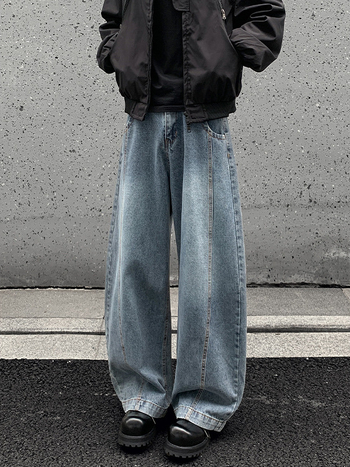 Τζιν από βαμβάκι με φαρδιά γραμμή, μεσαία μέση, κουμπωτό κλείσιμο, μακριά παντελόνια, Hong Kong στυλ