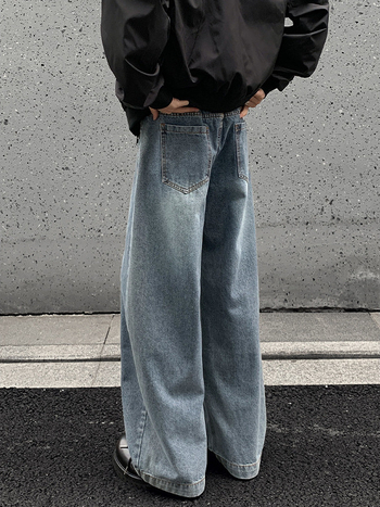 Τζιν από βαμβάκι με φαρδιά γραμμή, μεσαία μέση, κουμπωτό κλείσιμο, μακριά παντελόνια, Hong Kong στυλ